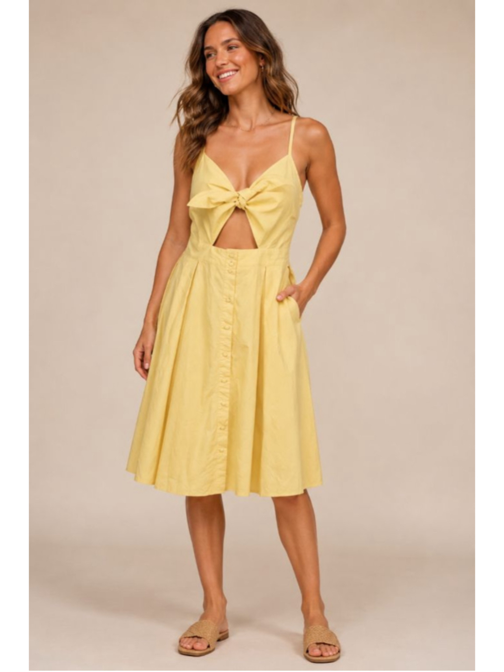 Women's Yellow Cotton Cutout Bow Front Midi Dress Size Small Adjustable Straps